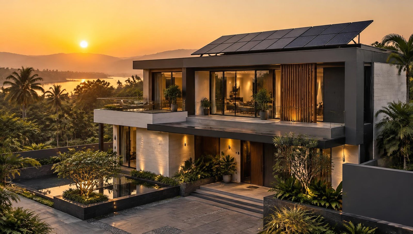 Modern rooftop solar engineering installation at dusk